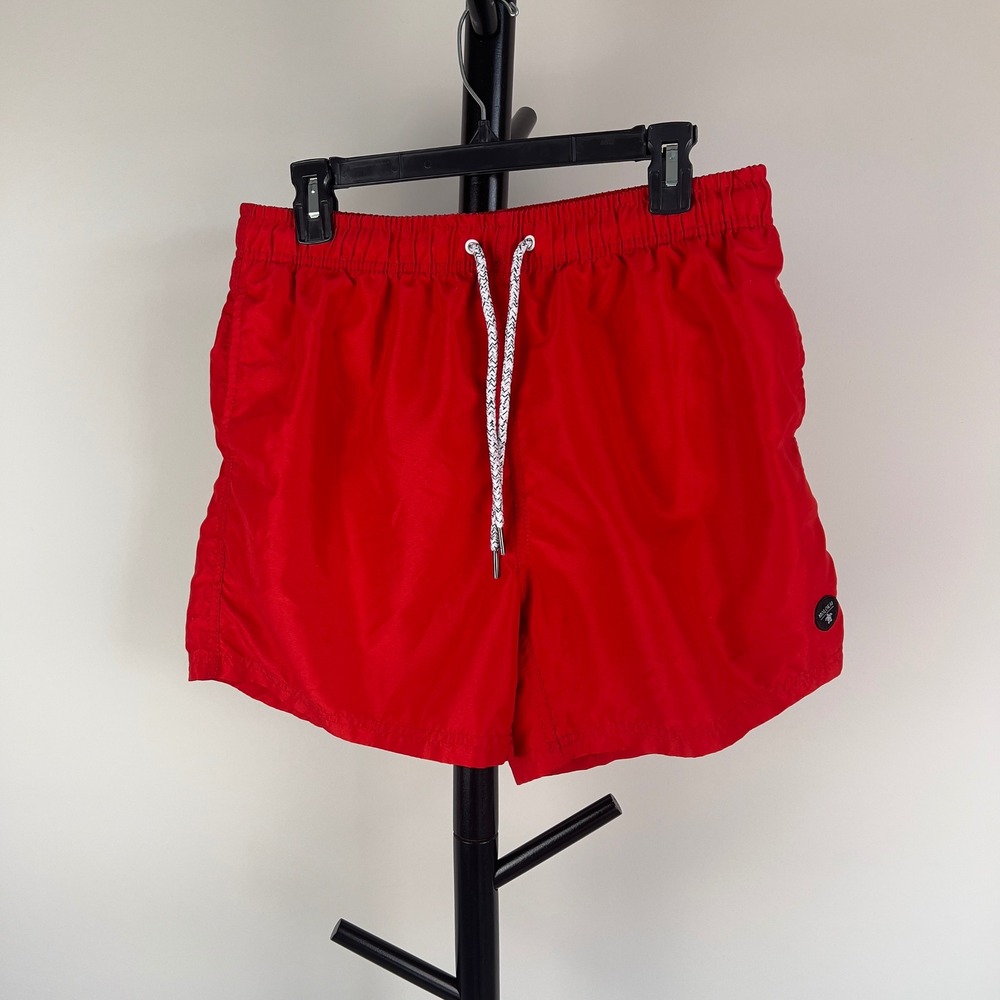 Molokai Mens Swim Trunks Red Elastic Waist Drawstring Board Shorts Turtle Logo